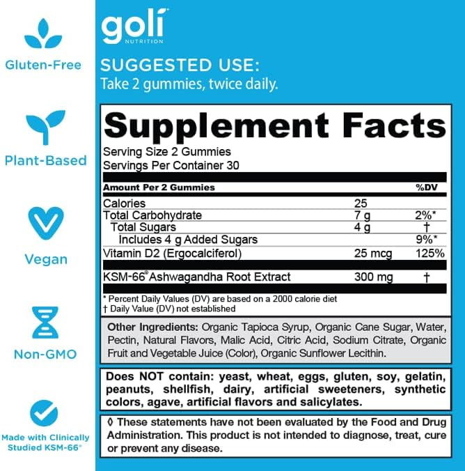  Goli Nutrition Ashwagandha Gummies, Mixed Berry Flavor, 60 Count, Stess Suppliment