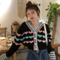 Heart Pattern Cardigan Sweater For Women Hit Color  Mujer Lantern Sleeve Single Breasted Crop Outerwear Autumn Tops - RB.