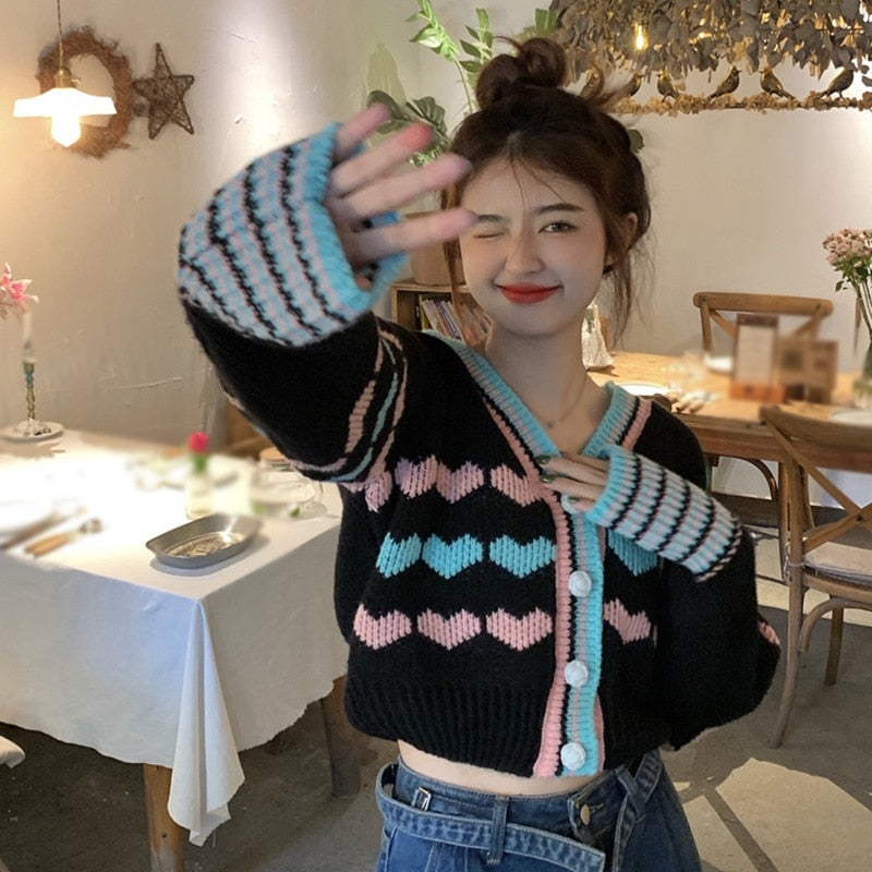 Heart Pattern Cardigan Sweater For Women Hit Color  Mujer Lantern Sleeve Single Breasted Crop Outerwear Autumn Tops - RB.